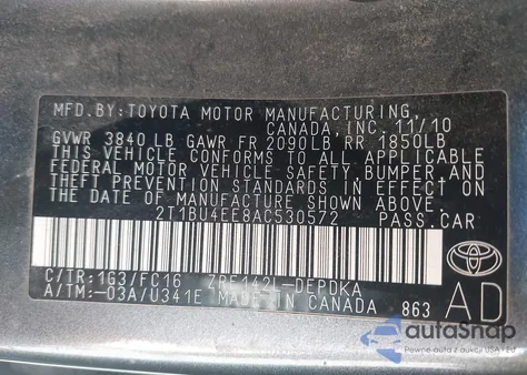 2010 Toyota Corolla Le from USA, damaged, VIN 2T1BU4EE8AC530572